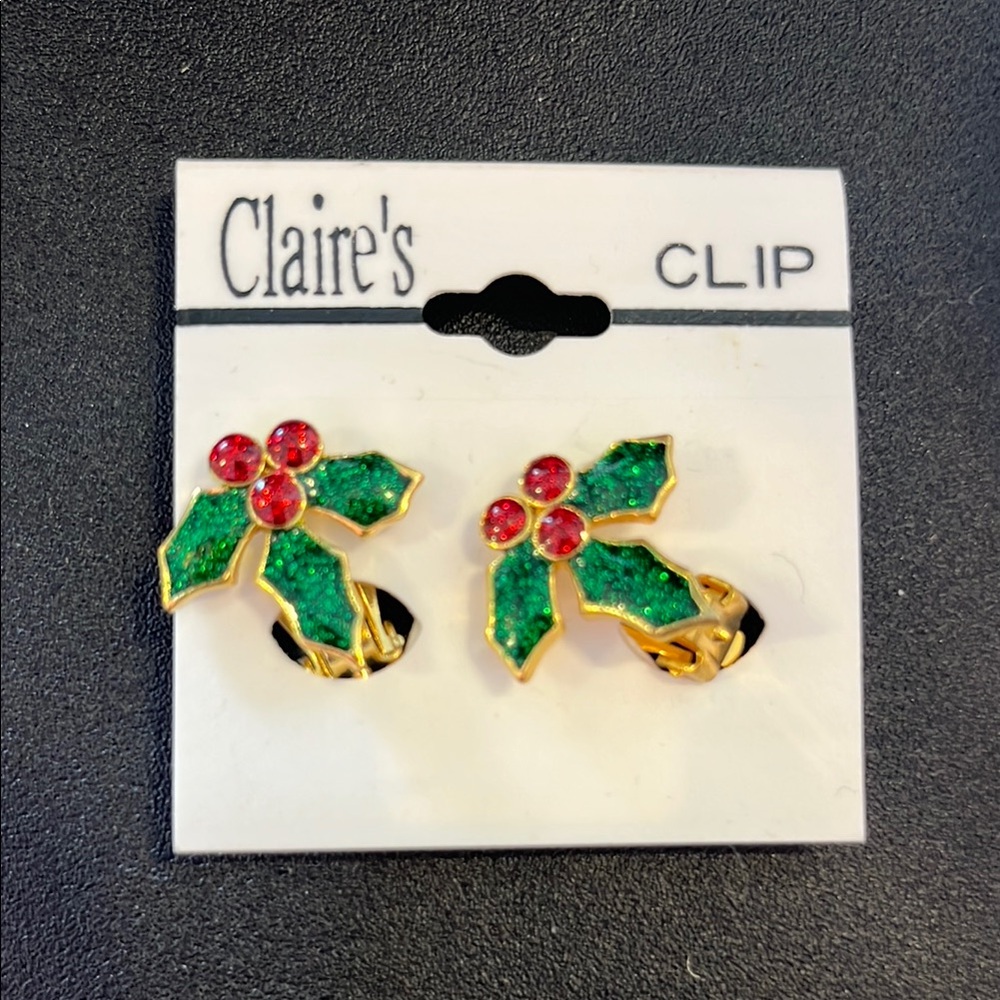 Claire's Festive Holly Clip-On Earrings - Green and Red